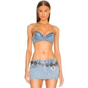 DUNDAS X REVOLVE New Drew Bralette Crop Top SMALL Blue Denim Cotton USA MADE